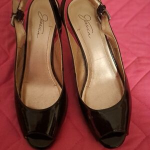 Jessica Black Patent Peep-Toe Slingback Heels